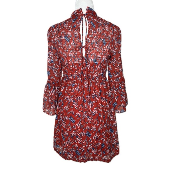 Mini Dress Boho Floral Smocked Semi Sheer Bell Sleeve Red Small City Triangles - Picture 12 of 17